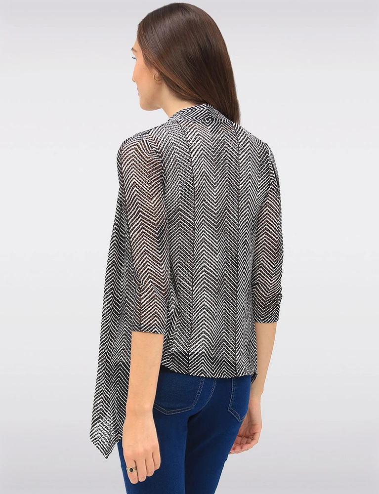 Draped Front Chevron-Striped Pointelle Knit Shrug with 3/4 Sleeves by Vamp