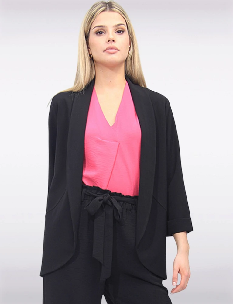 Sleek Stretchy Rounded Hem Blazer With 3/4 Sleeves and Rolled Cuff By Vamp