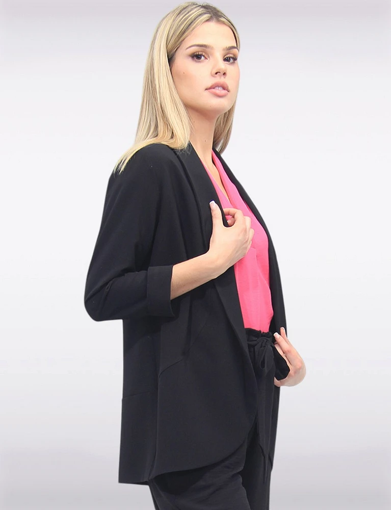 Sleek Stretchy Rounded Hem Blazer With 3/4 Sleeves and Rolled Cuff By Vamp