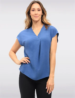 Solid Flowy V-Neck Front Pleat Rounded Hemline & Cap Sleeves Top by Vamp