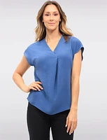 Solid Flowy V-Neck Front Pleat Rounded Hemline & Cap Sleeves Top by Vamp