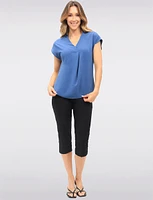 Solid Flowy V-Neck Front Pleat Rounded Hemline & Cap Sleeves Top by Vamp
