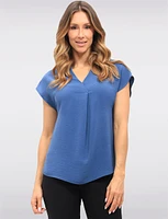 Solid Flowy V-Neck Front Pleat Rounded Hemline & Cap Sleeves Top by Vamp
