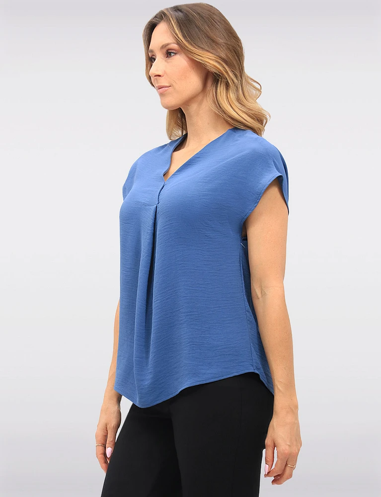 Solid Flowy V-Neck Front Pleat Rounded Hemline & Cap Sleeves Top by Vamp