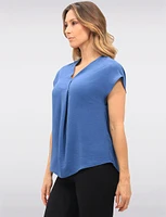 Solid Flowy V-Neck Front Pleat Rounded Hemline & Cap Sleeves Top by Vamp