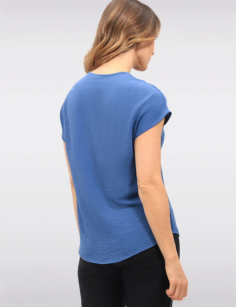 Solid Flowy V-Neck Front Pleat Rounded Hemline & Cap Sleeves Top by Vamp