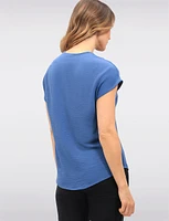 Solid Flowy V-Neck Front Pleat Rounded Hemline & Cap Sleeves Top by Vamp