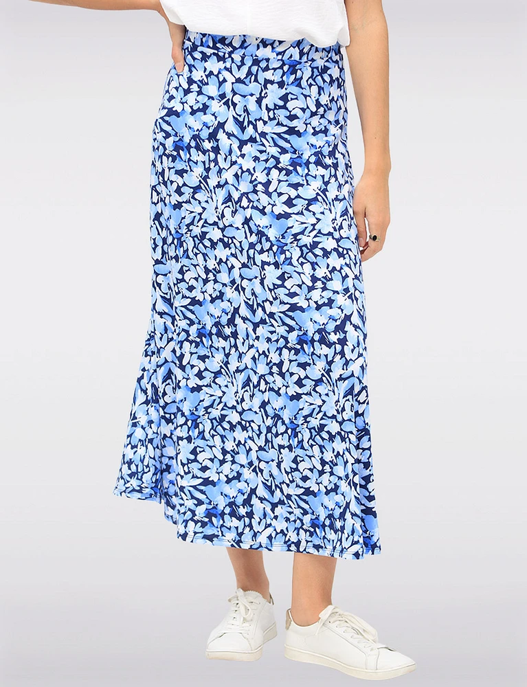 Stretch Floral Printed Pull-On Maxi Skirt with A-Line Silhouette by Vamp