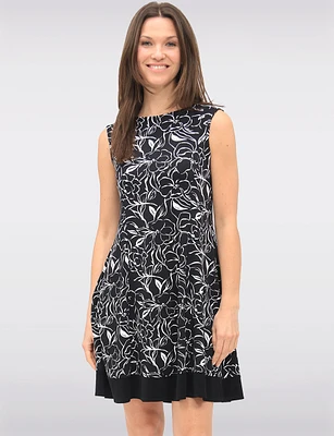 Bold Abstract Floral Print Sleeveless A-Line Dress with Contrasting Hem by Vamp