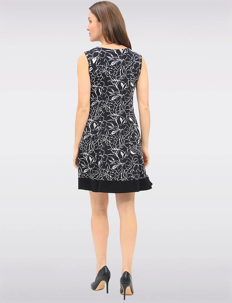 Bold Abstract Floral Print Sleeveless A-Line Dress with Contrasting Hem by Vamp