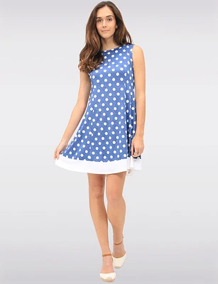 Classic Polka Dot Sleeveless A-Line Dress with Round Neck & Contrast Hem by Vamp
