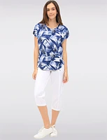 Brush Stroke Print Round Neck Cap Sleeve Tunic with Rounded Hemline by Vamp