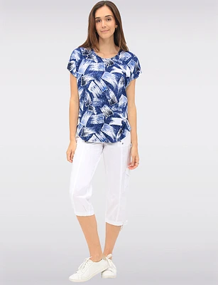 Brush Stroke Print Round Neck Cap Sleeve Tunic with Rounded Hemline by Vamp