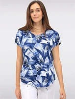Brush Stroke Print Round Neck Cap Sleeve Tunic with Rounded Hemline by Vamp