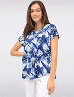 Brush Stroke Print Round Neck Cap Sleeve Tunic with Rounded Hemline by Vamp