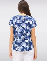 Brush Stroke Print Round Neck Cap Sleeve Tunic with Rounded Hemline by Vamp