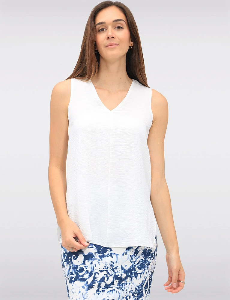 Flowy Solid V-Neck Sleeveless Top with Side Slits & Textured Fabric by VAMP