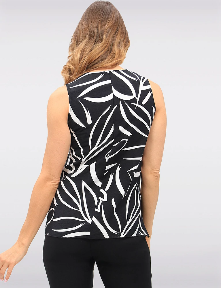 Black & White Abstract Print Sleeveless V-Neck Top with Side Slits by Vamp