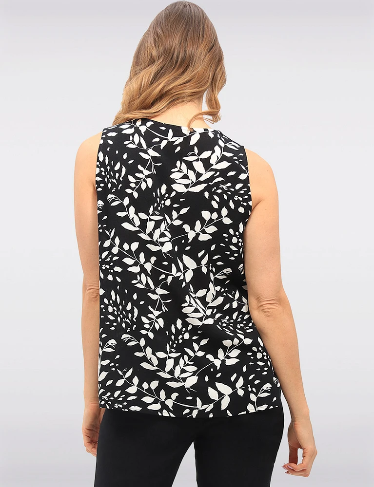 Chic Lightweight Leaf Print Sleeveless V-Neck Blouse with Front Pleat by Vamp