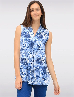 Elegant Draped Floral Sleeveless V-Neck Front Pleat Blouse by Vamp