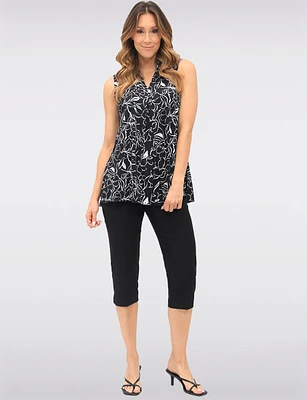 Black & White Sleeveless Abstract Floral Print V-Neck Front Pleat Blouse by Vamp