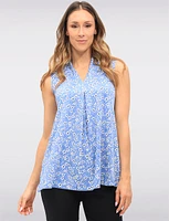 Floral Sleeveless Stretch Blouse with Front Pleat Side Slits & V-Neck by Vamp