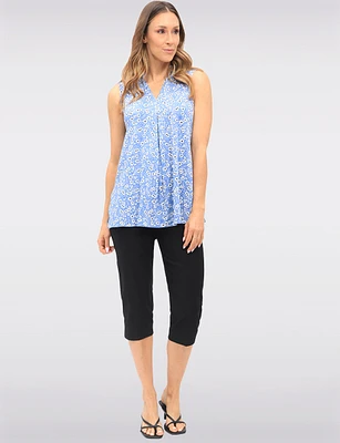 Floral Sleeveless Stretch Blouse with Front Pleat Side Slits & V-Neck by Vamp