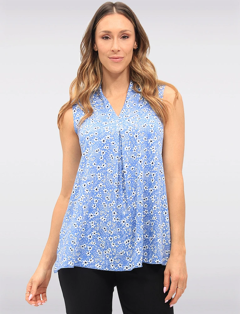 Floral Sleeveless Stretch Blouse with Front Pleat Side Slits & V-Neck by Vamp