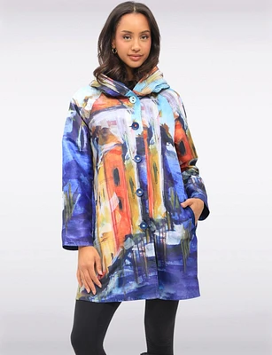 Reversible Abstract & Venice Print Button Front Pleated Hood Raincoat by UBU