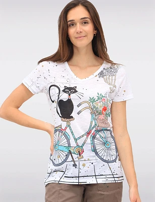 Lightweight Sheer V-Neck Top with Whimsical Print & Side Slits by Tango Mango