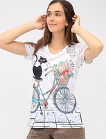 Lightweight Sheer V-Neck Top with Whimsical Print & Side Slits by Tango Mango