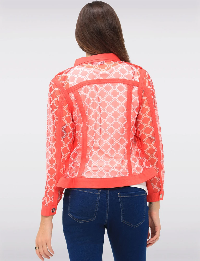 Lightweight Red Printed Mesh Jacket With Raw Edges by Tango Mango