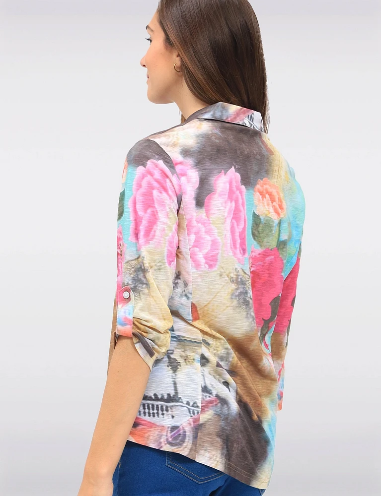 Multi-Color Printed Sheer Blouse With Adjustable 3/4 Sleeves by Tango Mango