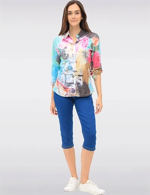 Multi-Color Printed Sheer Blouse With Adjustable 3/4 Sleeves by Tango Mango