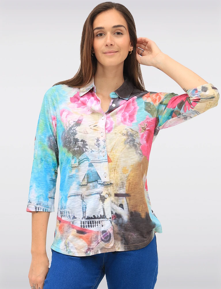 Multi-Color Printed Sheer Blouse With Adjustable 3/4 Sleeves by Tango Mango