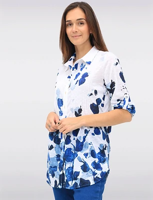 White & Blue Floral Print Adjustable 3/4 Sleeves Knit Shirt by Tango Mango