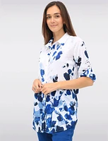 White & Blue Floral Print Adjustable 3/4 Sleeves Knit Shirt by Tango Mango
