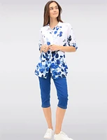 White & Blue Floral Print Adjustable 3/4 Sleeves Knit Shirt by Tango Mango