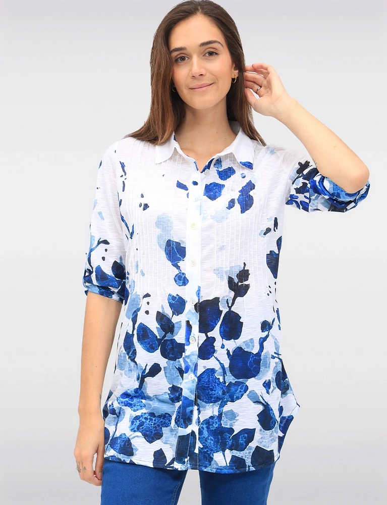 White & Blue Floral Print Adjustable 3/4 Sleeves Knit Shirt by Tango Mango