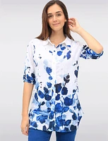 White & Blue Floral Print Adjustable 3/4 Sleeves Knit Shirt by Tango Mango