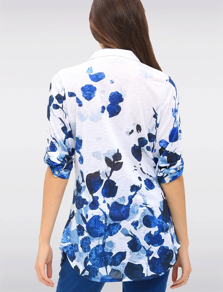 White & Blue Floral Print Adjustable 3/4 Sleeves Knit Shirt by Tango Mango