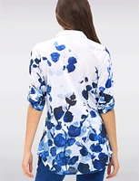 White & Blue Floral Print Adjustable 3/4 Sleeves Knit Shirt by Tango Mango