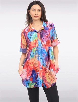 Multicolored Abstract Floral Print 3/4 Sleeve Pleated Button Down Tunic by Lindi