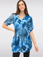 Pleated Button-Down 3/4 Sleeve Tunic With Abstract Floral Print by Lindi
