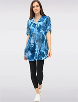 Pleated Button-Down 3/4 Sleeve Tunic With Abstract Floral Print by Lindi