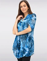 Pleated Button-Down 3/4 Sleeve Tunic With Abstract Floral Print by Lindi