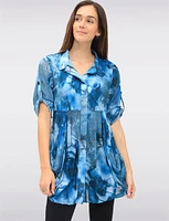 Pleated Button-Down 3/4 Sleeve Tunic With Abstract Floral Print by Lindi