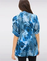 Pleated Button-Down 3/4 Sleeve Tunic With Abstract Floral Print by Lindi