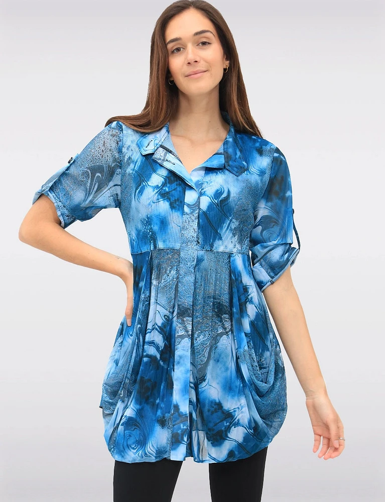 Pleated Button-Down 3/4 Sleeve Tunic With Abstract Floral Print by Lindi