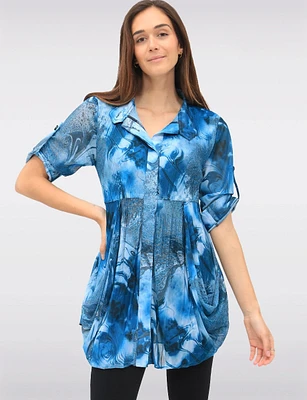 Pleated Button-Down 3/4 Sleeve Tunic With Abstract Floral Print by Lindi